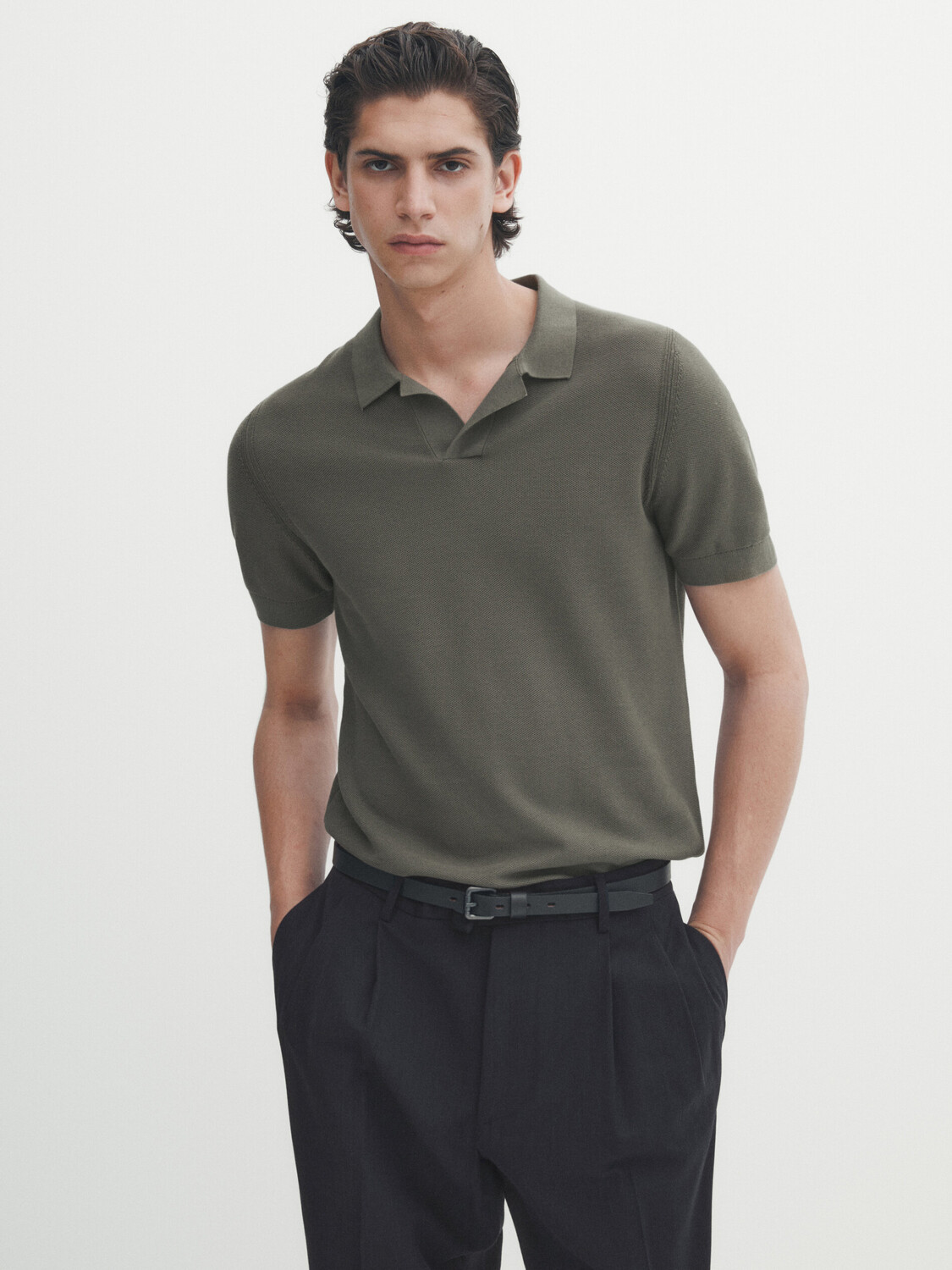 

Свитер поло из хлопка Massimo Dutti, хаки