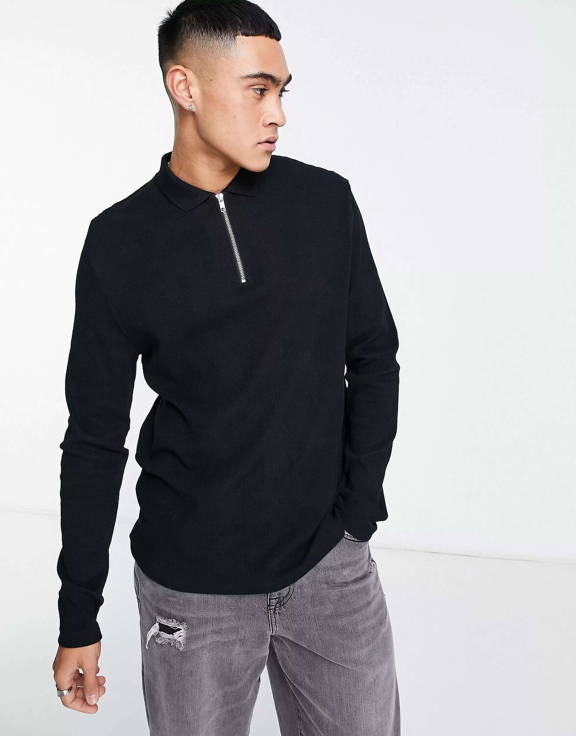 

Черная рубашка-поло с длинными рукавами и молнией ASOS Design