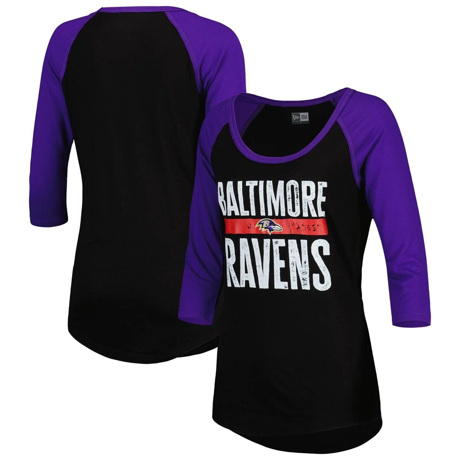 

Женская черная футболка New Era Baltimore Ravens со сложенной надписью реглан с рукавами 3/4 New Era, Черный