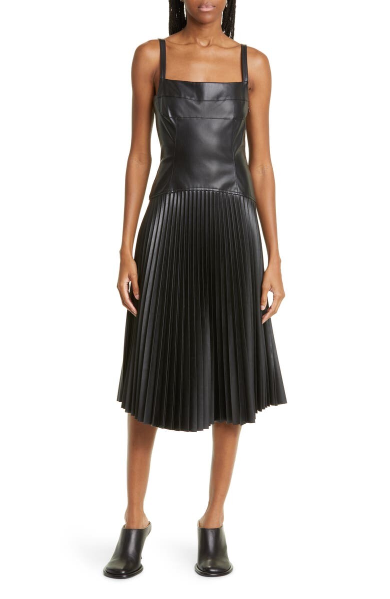 

Плиссированное платье миди из искусственной кожи с заниженной талией PROENZA SCHOULER WHITE LABEL, черный