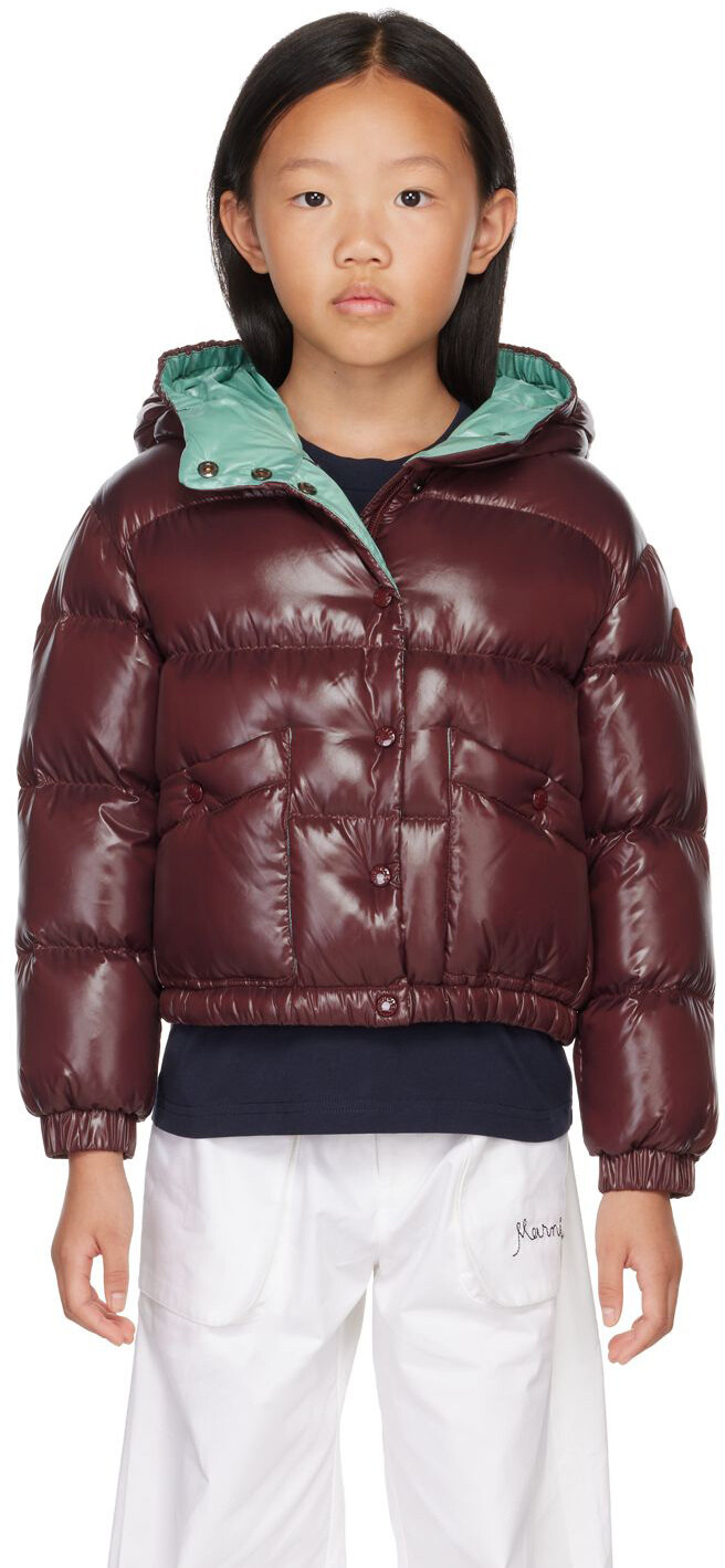 

Детская фиолетовая пуховая куртка с барданетом, бордовая Moncler Enfant