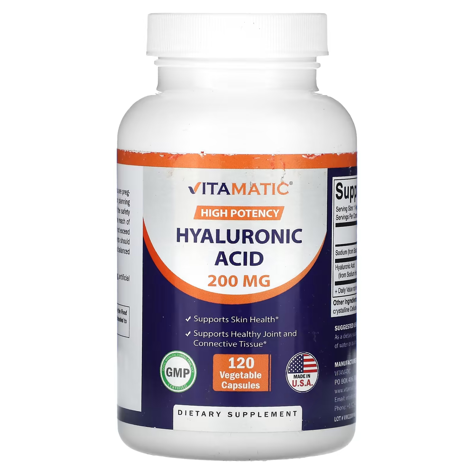 Vitamatic Высокоэффективная гиалуроновая кислота 200 мг 120 растительных капсул vitamatic l треонин 500 мг 120 растительных капсул