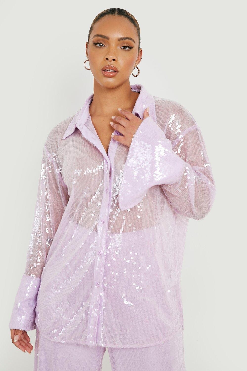 

Рубашка Plus с глубокими манжетами и пайетками boohoo, фиолетовый