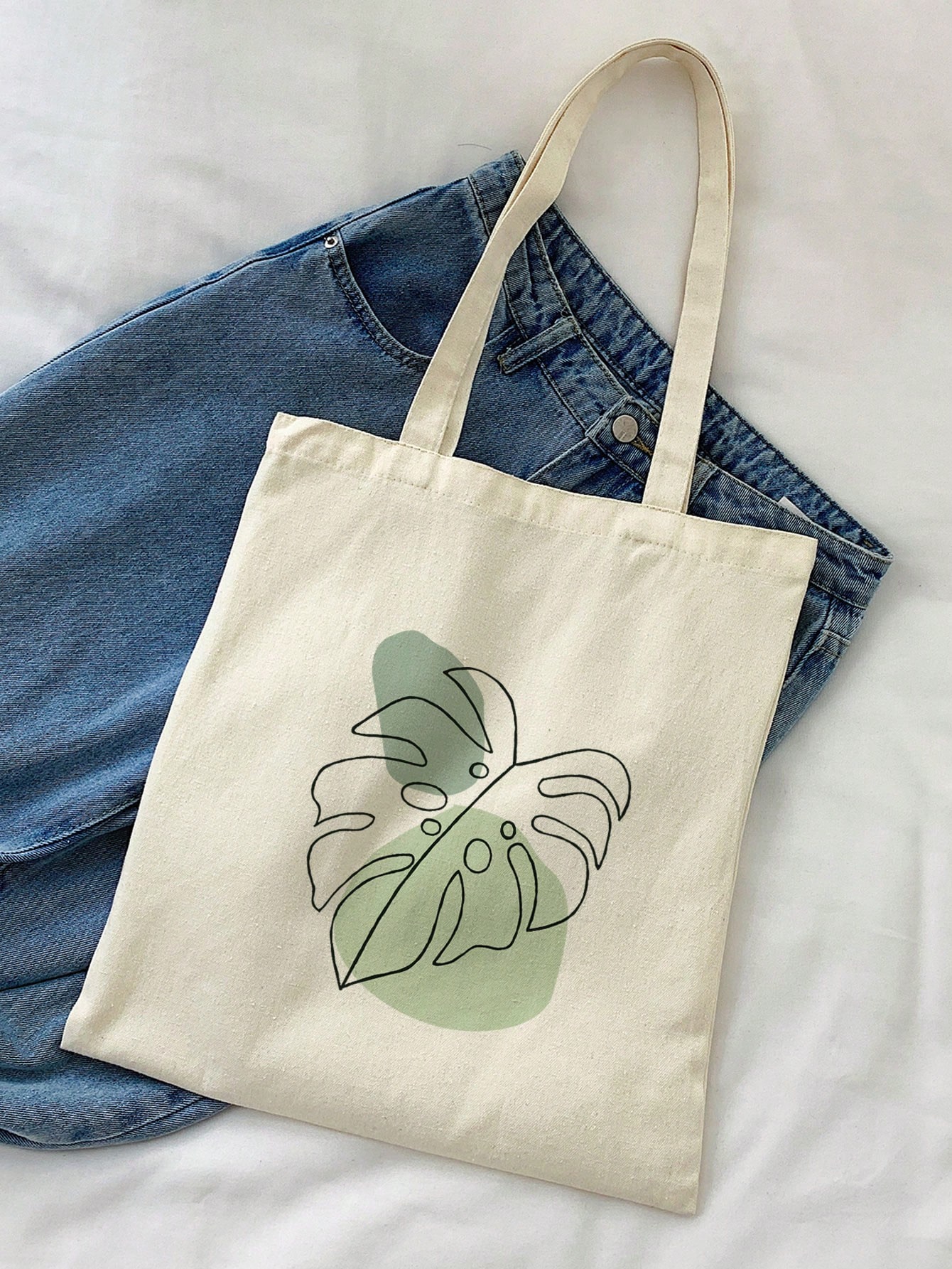 Сумка-шоппер с рисунком листьев и холстом в повседневном стиле, бежевый сумка шоппер средняя из парусины с блестками единый размер черный