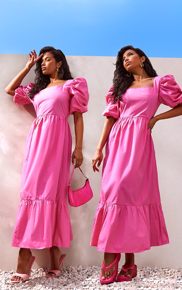 цена PrettyLittleThing Ярко-розовое тканое платье мидакси с квадратным вырезом и пышными рукавами