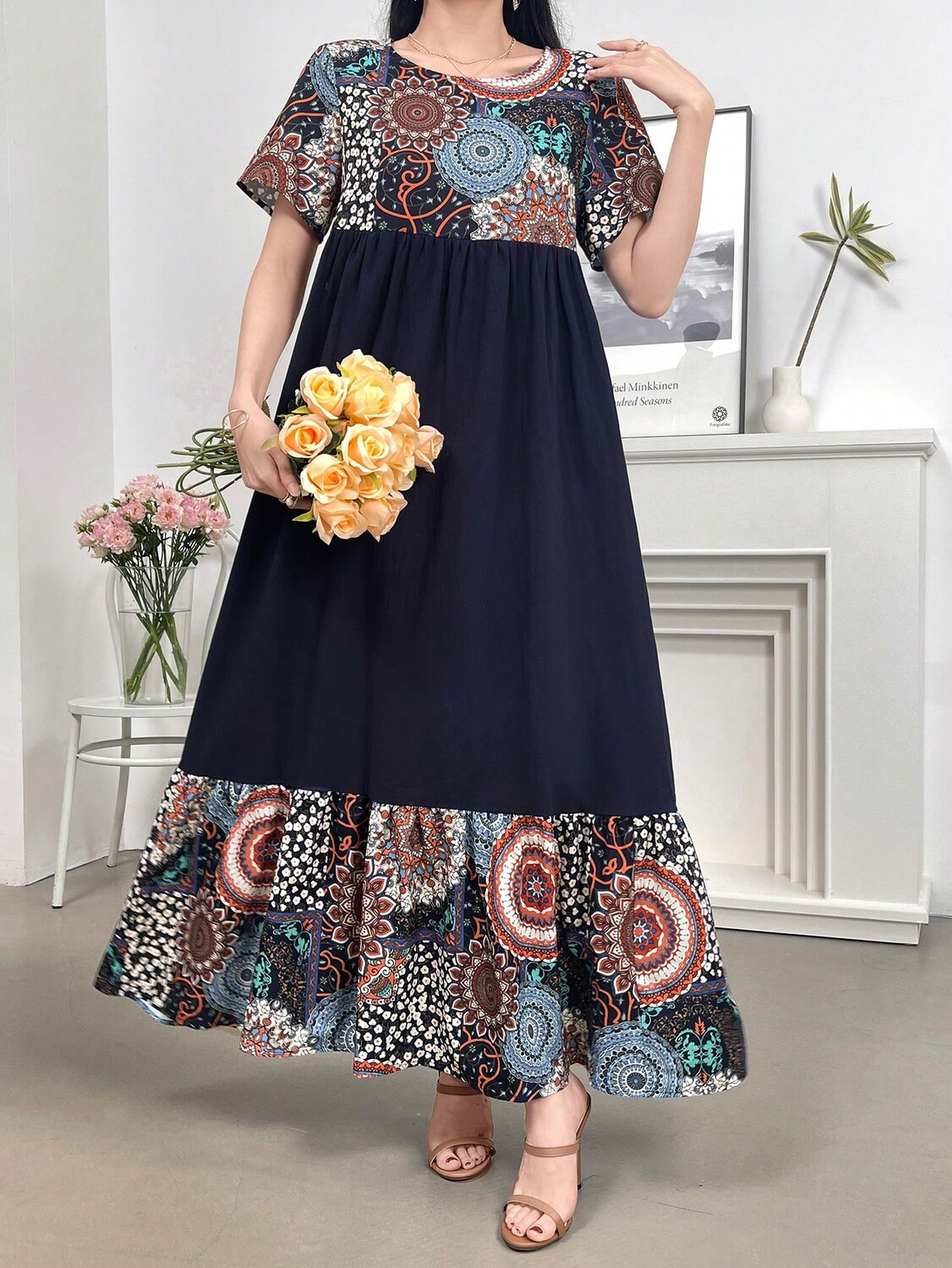

SHEIN Mulvari Женское платье с цветочным принтом, круглым вырезом, короткими рукавами и рюшами по краю, арабский, темно-синий