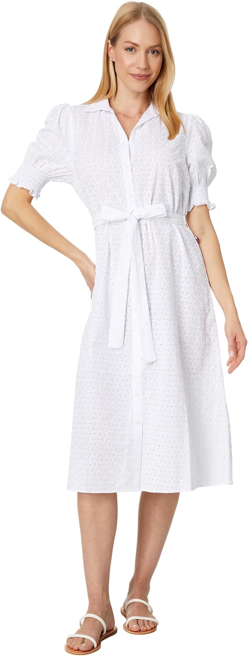Платье миди с пышными рукавами и люверсами Tommy Hilfiger, цвет Windmill Eyelet/Bright White