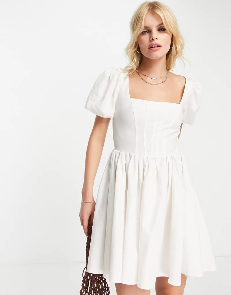 

Белое льняное платье мини с пышными рукавами и корсетом для груди ASOS