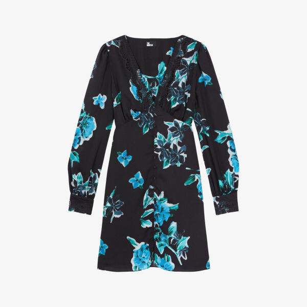 

Тканое мини-платье с цветочным принтом и кружевной отделкой The Kooples, черный