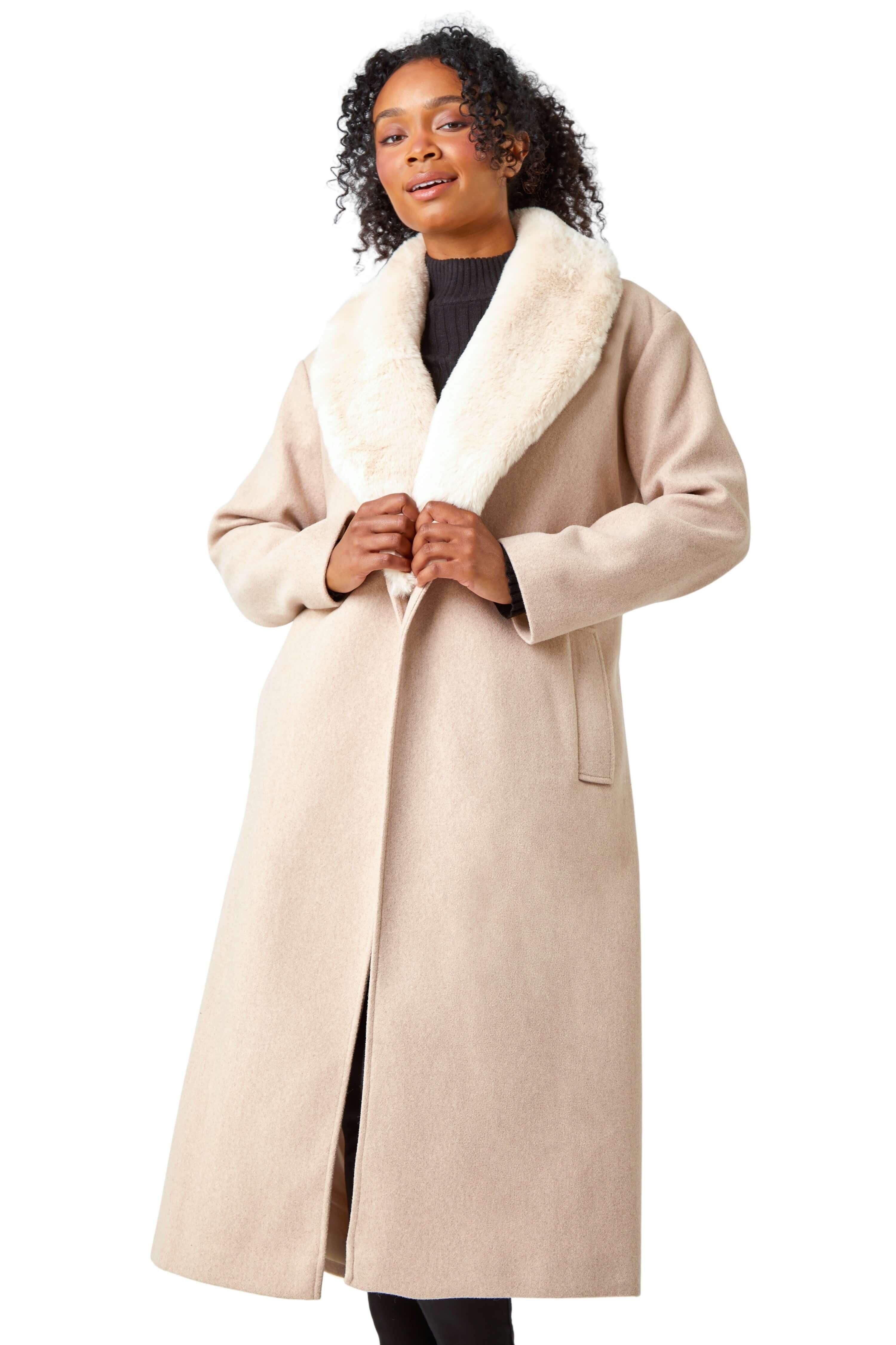 Длинное пальто Petite с воротником из искусственного меха Roman, серый женское зимнее пальто из меха кролика рекс со съемной подкладкой новинка 2021 свободное длинное пальто из искусственного меха
