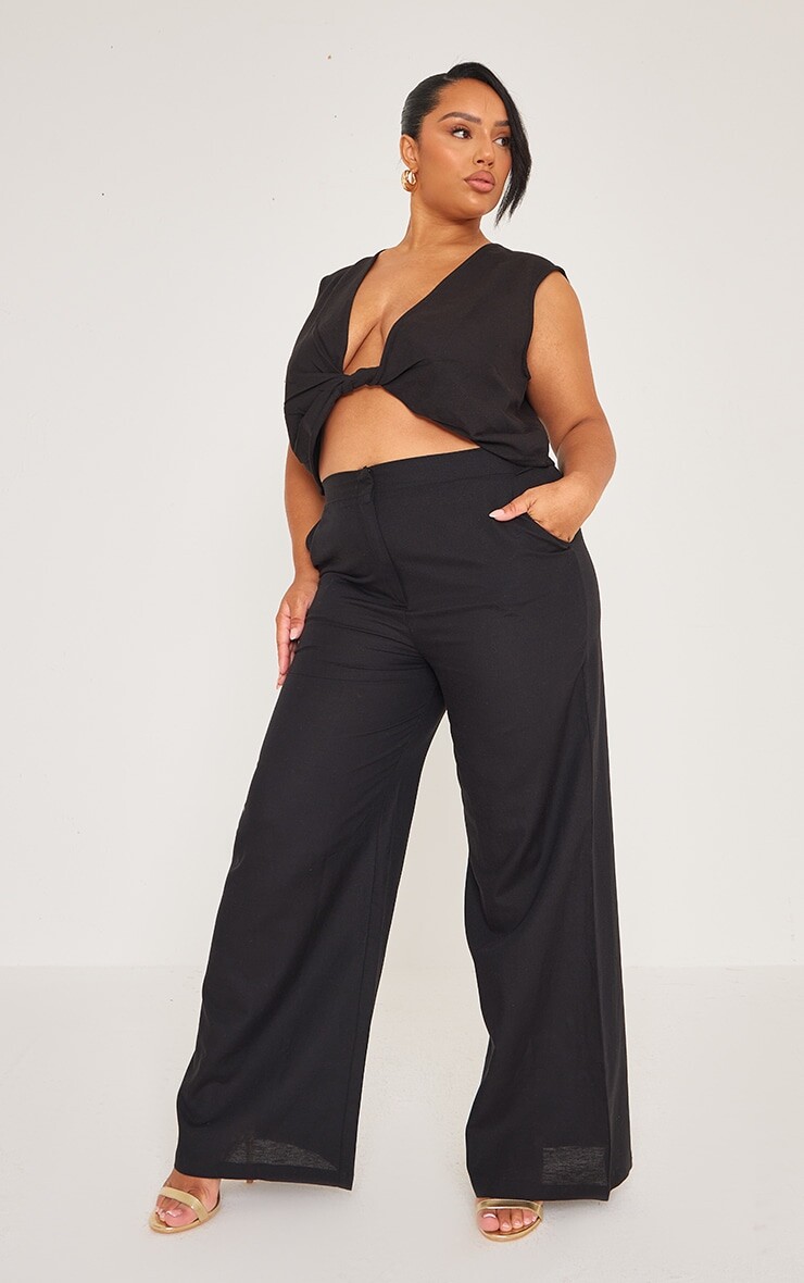 

PrettyLittleThing Черные прямые брюки с льняным эффектом Plus, Черный