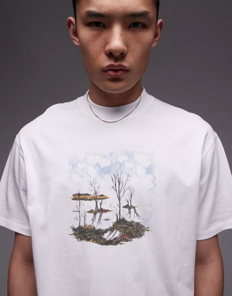 Белая качественная футболка оверсайз Topman с лесным принтом на груди футболка с принтом качественная реплика