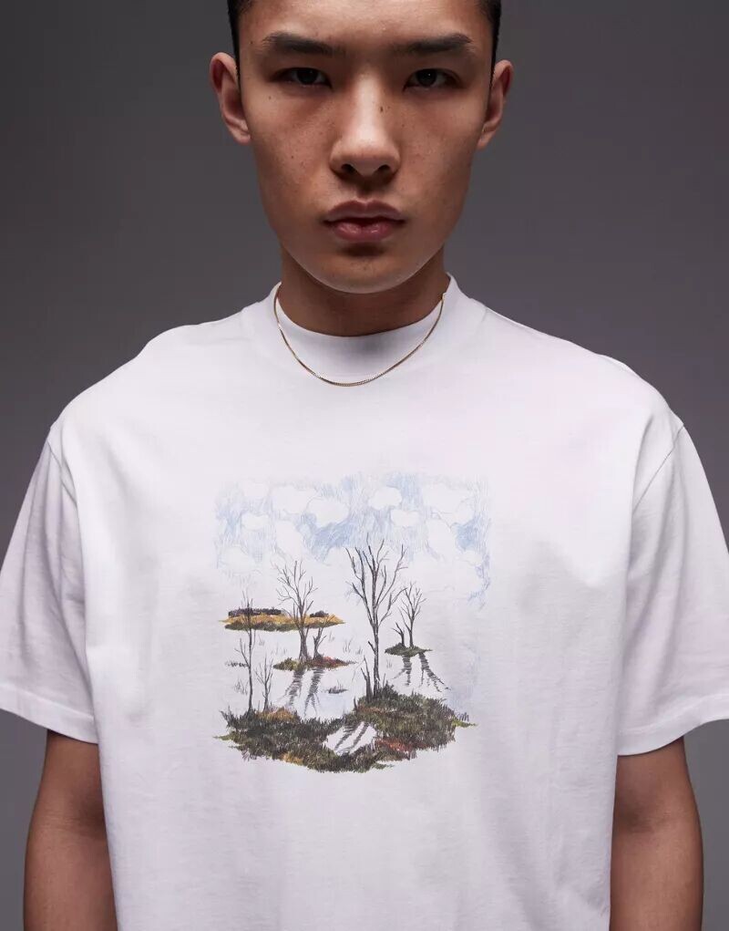 

Белая качественная футболка оверсайз Topman с лесным принтом на груди, Серый