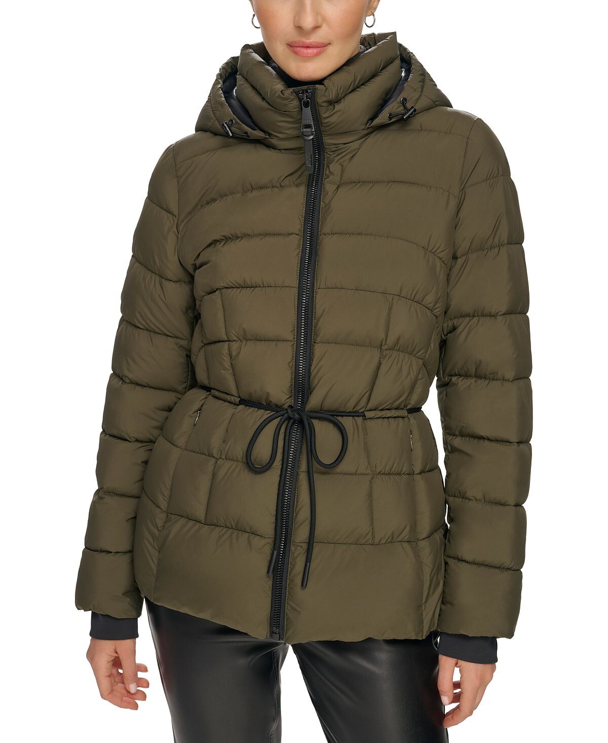 

Женский компактный пуховик с веревочным поясом и капюшоном DKNY
