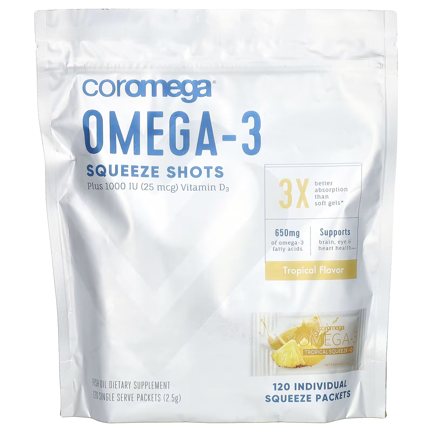 Omega-3 Coromega Squeeze Shots Plus Tropical с витамином D3, 120 отдельных пакетиков