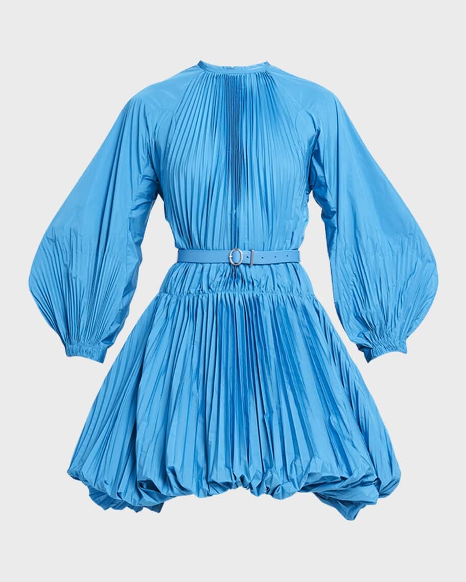 

Плиссированное мини-платье с пышными рукавами и поясом Jil Sander