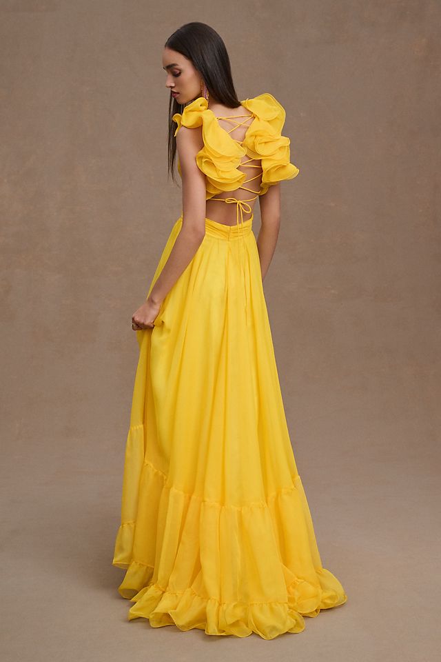 Платье Mac Duggal Шифоновое трапециевидного силуэта с кружевом на спине и рюшами Indy, желтый коллекция плитки inter cerama indy