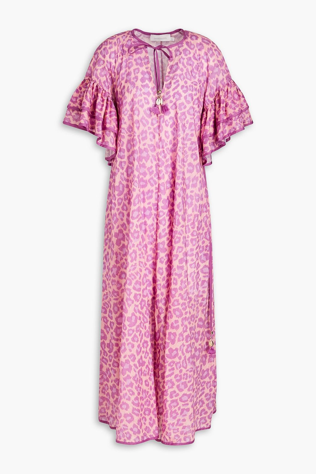 цена Хлопковое платье миди с леопардовым принтом и оборками ZIMMERMANN, фиолетовый