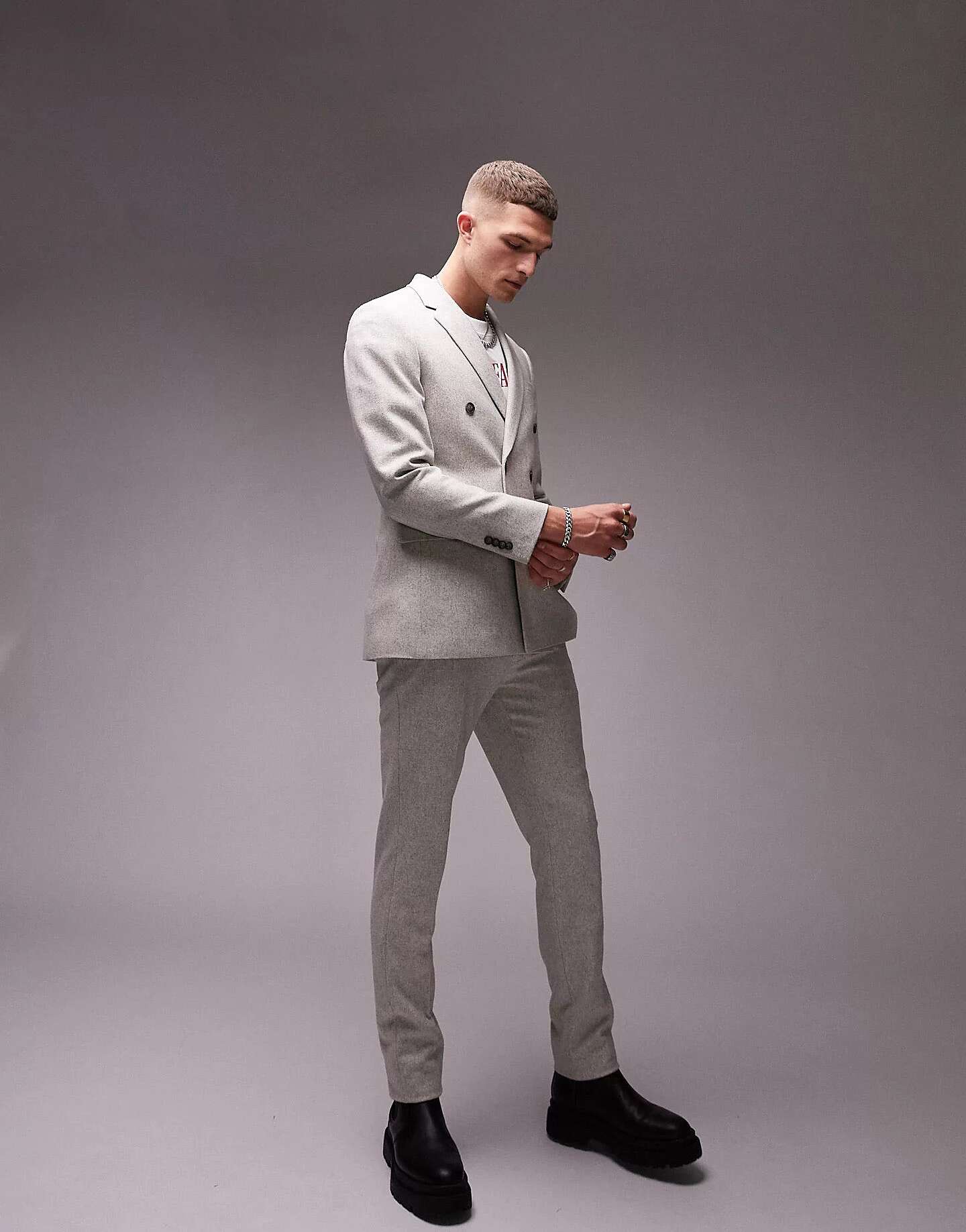 Серый двубортный свадебный пиджак из смесовой шерсти Topman