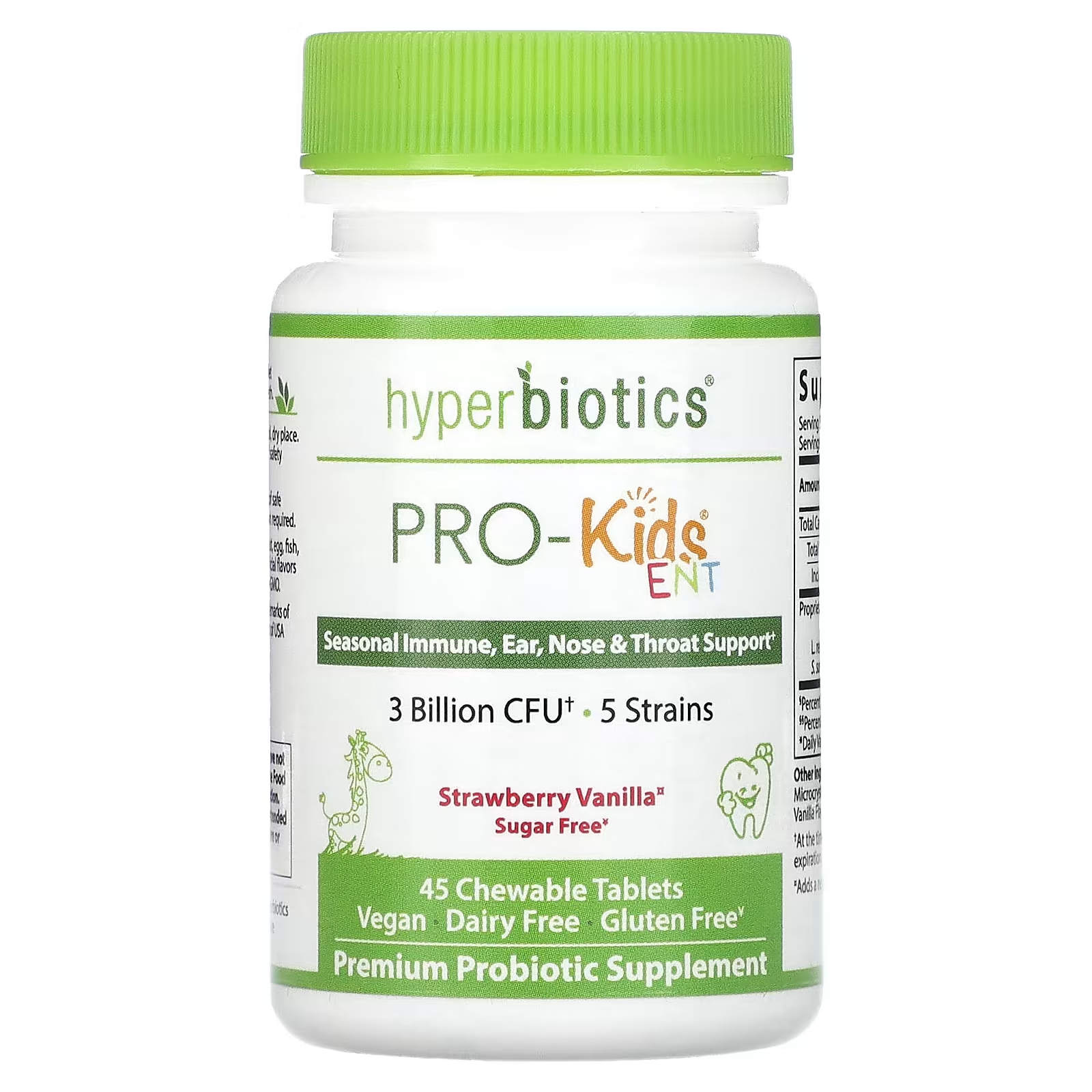 Hyperbiotics PRO-Kids ENT без сахара, клубника, ваниль, 3 миллиарда КОЕ, 45 жевательных таблеток