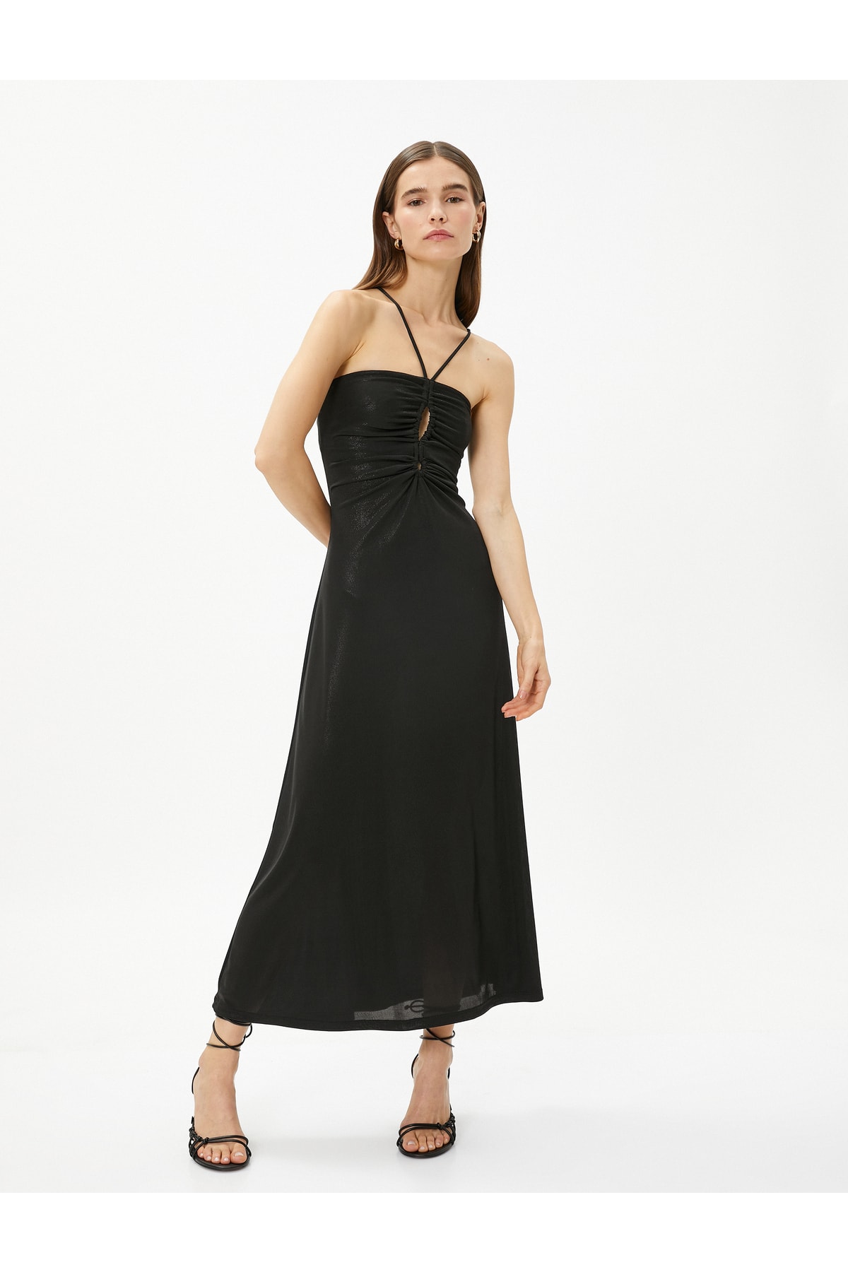 Серебристое длинное вечернее платье со сборками на шее и шее Koton, черный