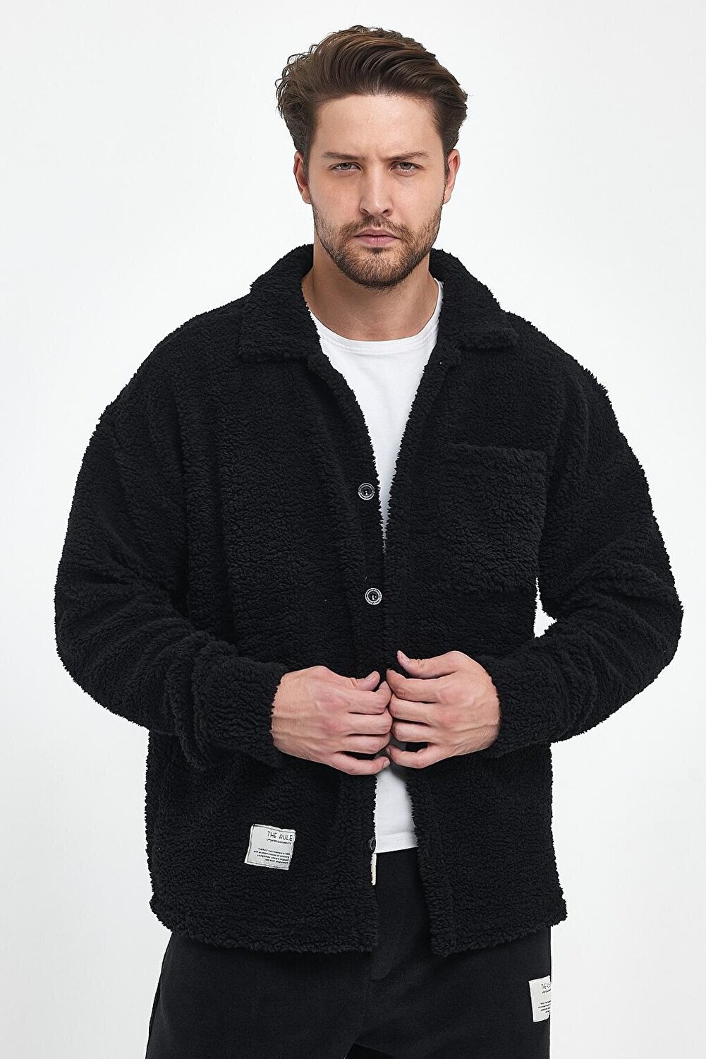 

Мужской кардиган Oversize с плюшевым воротником и одним карманом на пуговицах RF0457 THE RULE