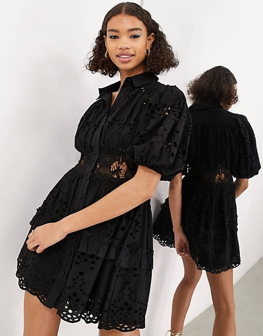 

Черное платье-рубашка мини с пышными рукавами ASOS EDITION