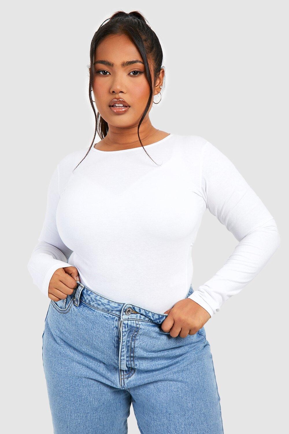 

Боди из хлопка с круглым вырезом и длинными рукавами Boohoo, белый