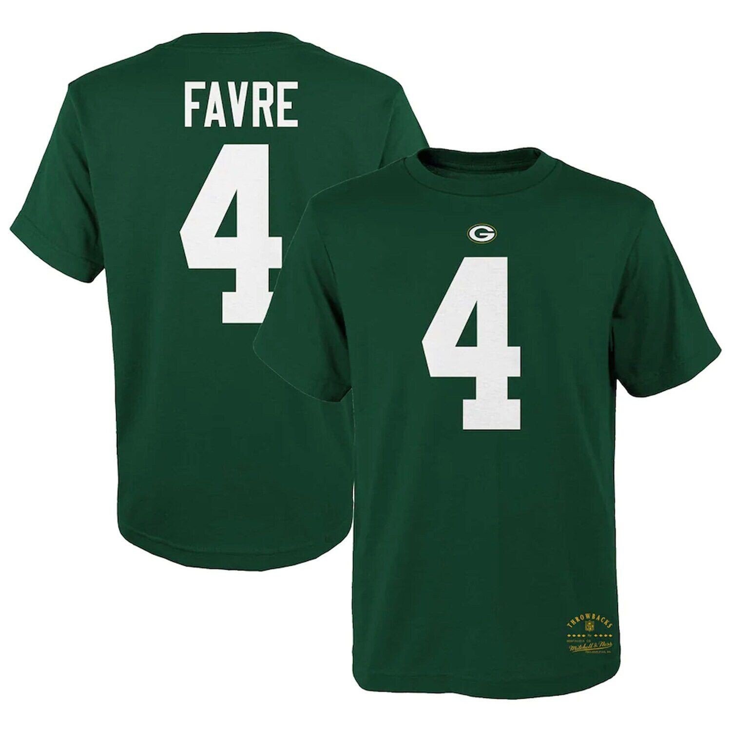 

Молодежная футболка Mitchell & Ness Brett Favre Green Green Bay Packers в стиле ретро с именем и номером игрока на пенсии Unbranded