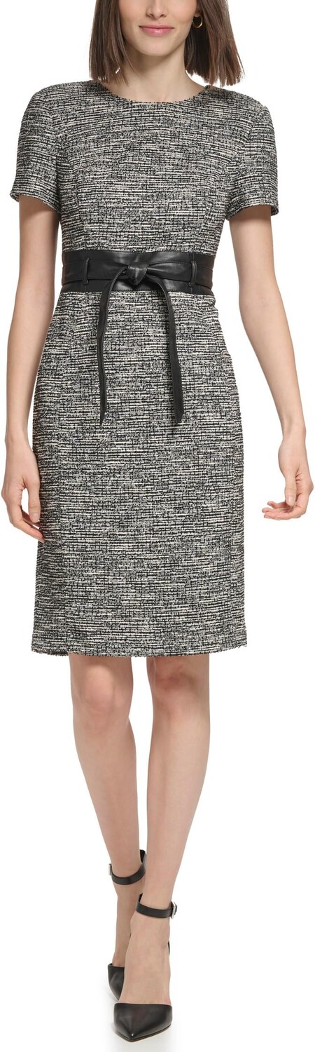 

Платье Calvin Klein Tweed Faux Leather Belt Sheath, цвет Black/Cream