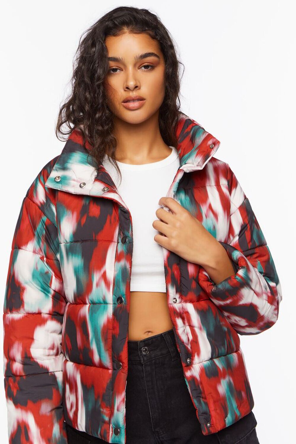 

Пуховик с акварельным принтом Forever 21, красный