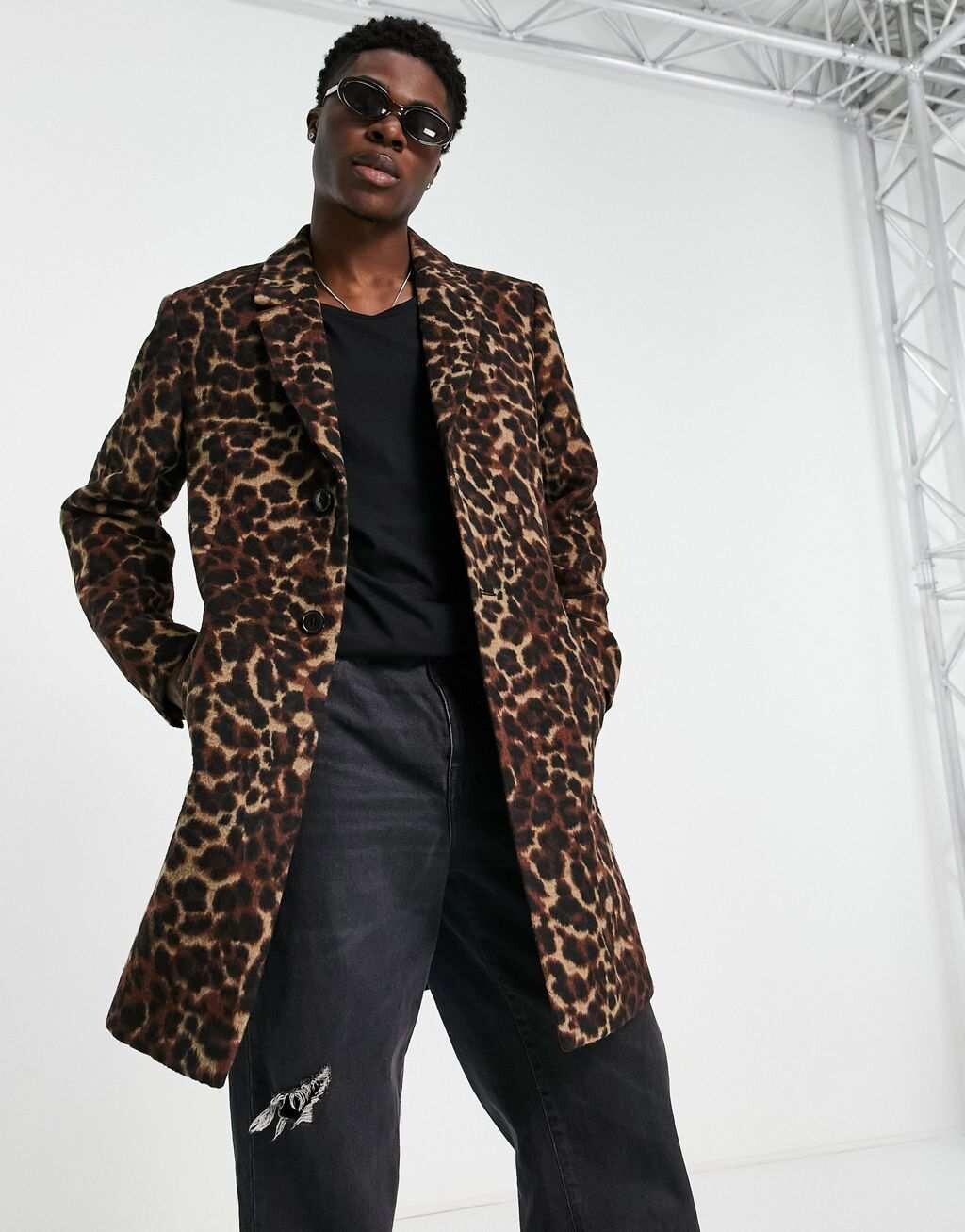 

Коричневое удлиненное пальто с леопардовым принтом Topman, Коричневый