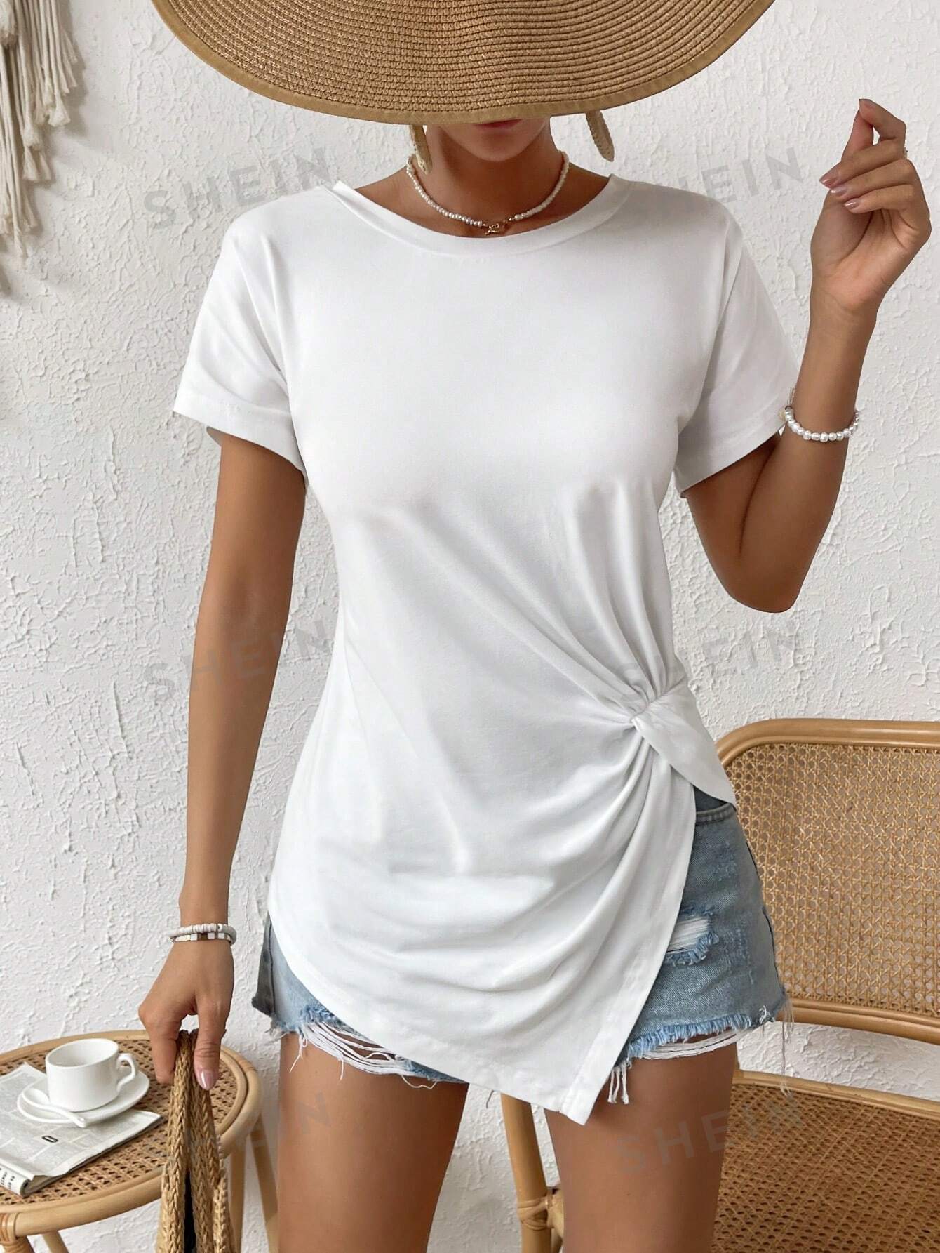 SHEIN LUNE женская летняя удобная футболка с короткими рукавами и круглым вырезом, белый