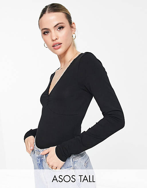 

Черное боди с длинными рукавами и v-образным вырезом ASOS DESIGN Tall