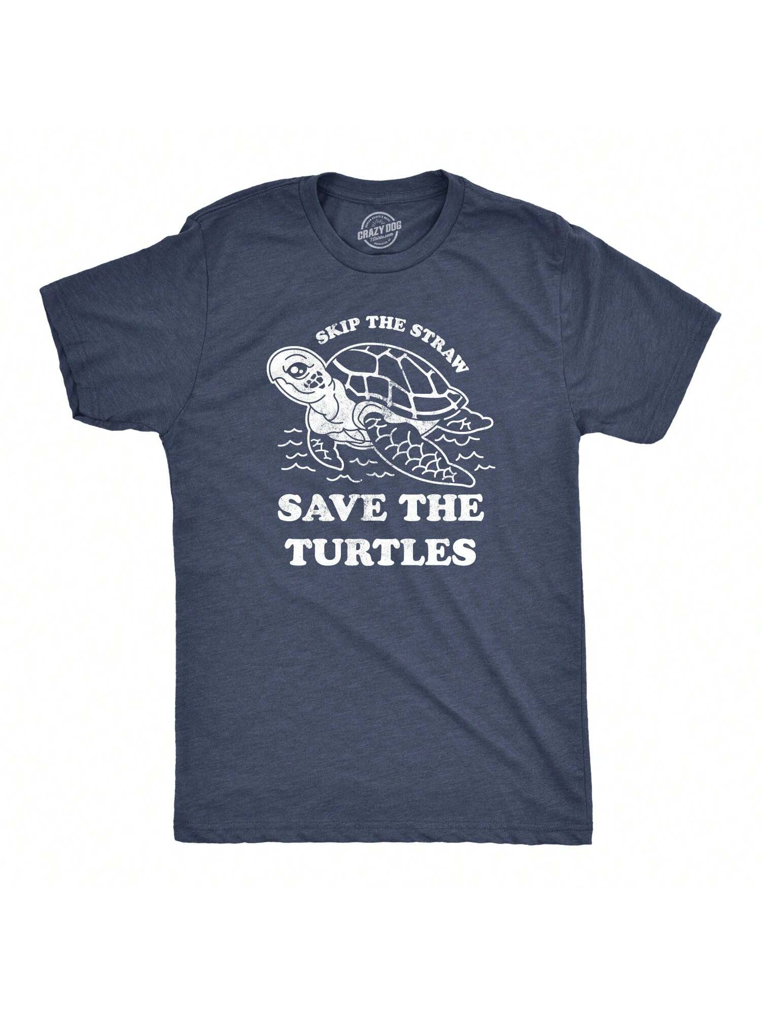 Мужская футболка Skip The Straw Save The Turtles с надписью «Экологическая осведомленность» (темно-синий Хизер)