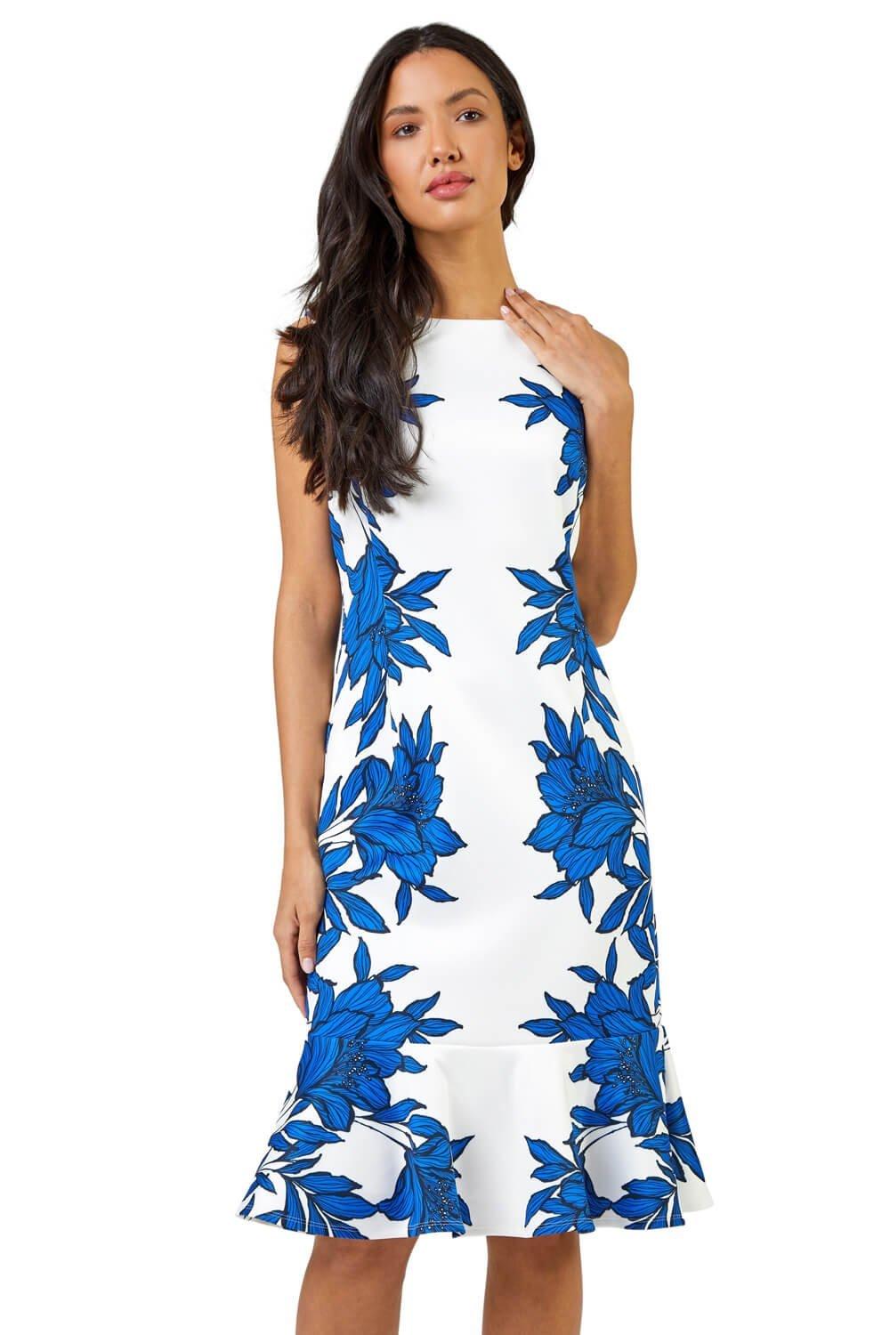 Эластичное платье с оборками и цветочным принтом Roman, синий