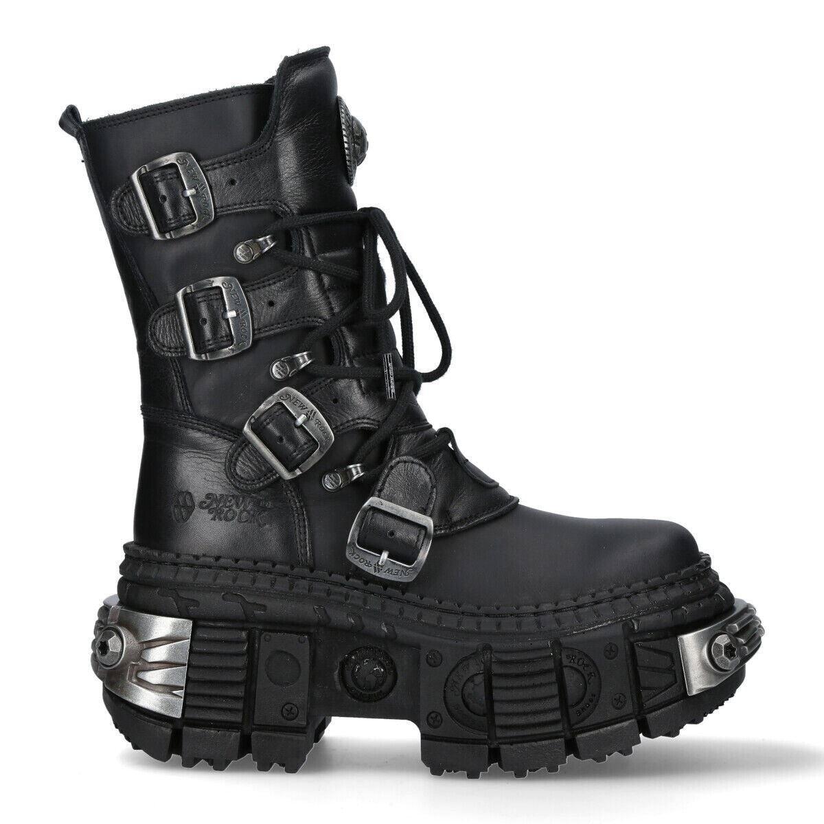 Кожаные ботинки на платформе до середины икры New Rock-WALL373-S3, черный