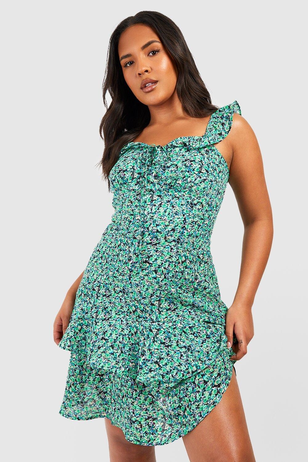 

Платье с открытыми плечами plus disty с цветочным платьем Boohoo, зеленый