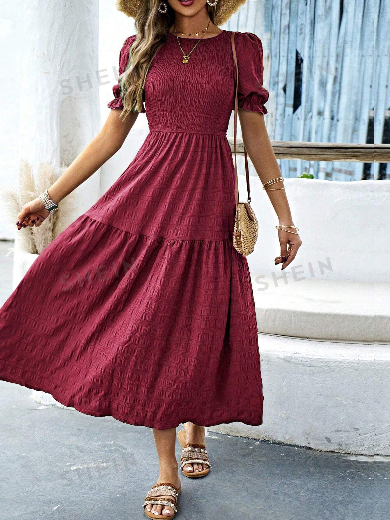 SHEIN VCAY женское свободное платье с круглым вырезом и короткими рукавами-фонариками, бургундия