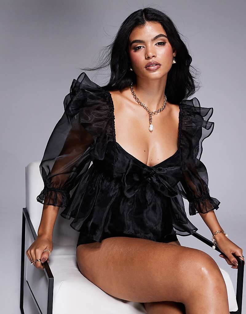 

ASOS Luxe – Черный бюстгальтер из органзы с бантами
