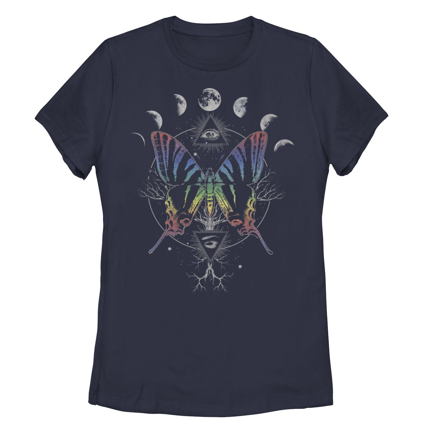 Детская футболка с радужной бабочкой и фазами луны, темно-синий