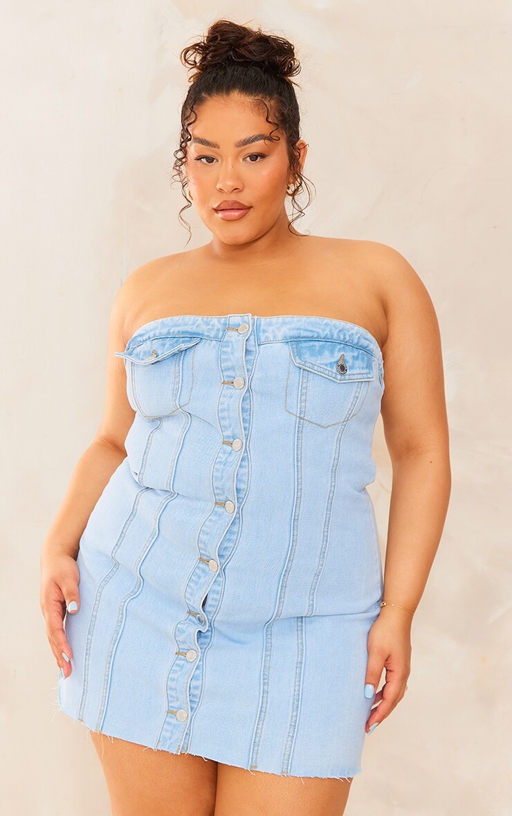 

PrettyLittleThing Голубое облегающее платье с корсетом и пуговицами плюс