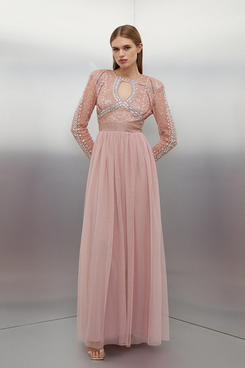 Тканое платье-макси с украшением и тюлевой юбкой Karen Millen, розовый