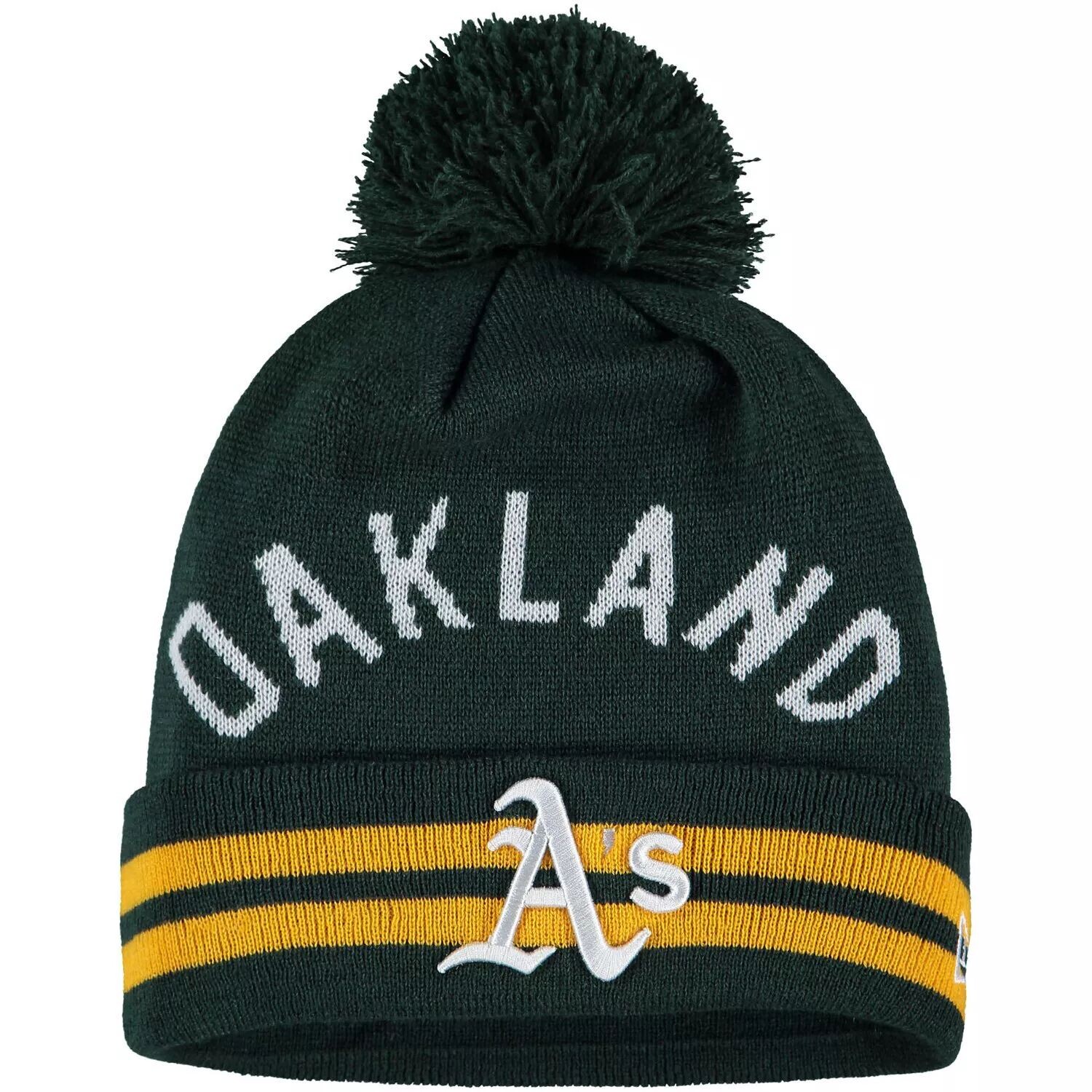 

Мужская зеленая вязаная шапка New Era Oakland Athletics с манжетами и помпоном