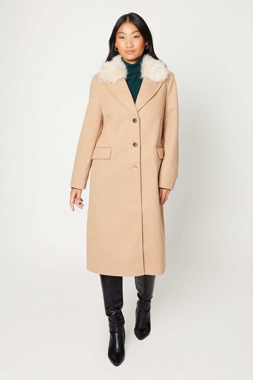 

Однобортное пальто Petite из искусственного меха Dorothy Perkins, бежевый