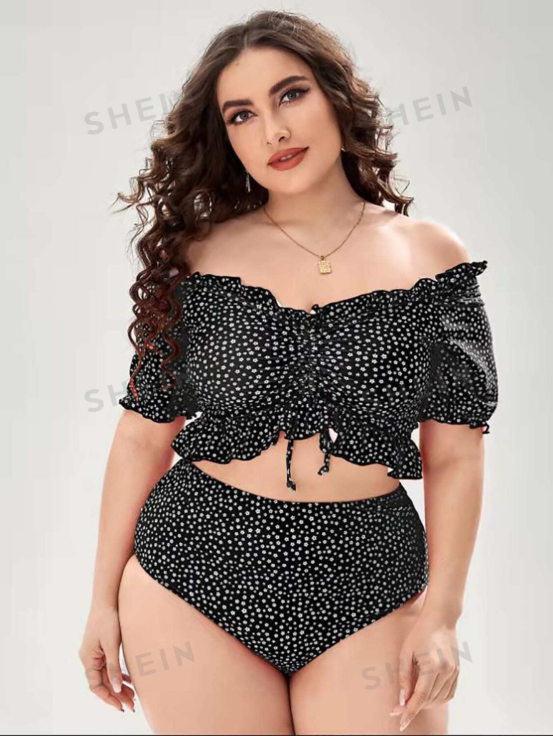 

Swim Curve Летний пляжный комплект бикини больших размеров с цветочным принтом и салатом с короткими рукавами Shein, черный