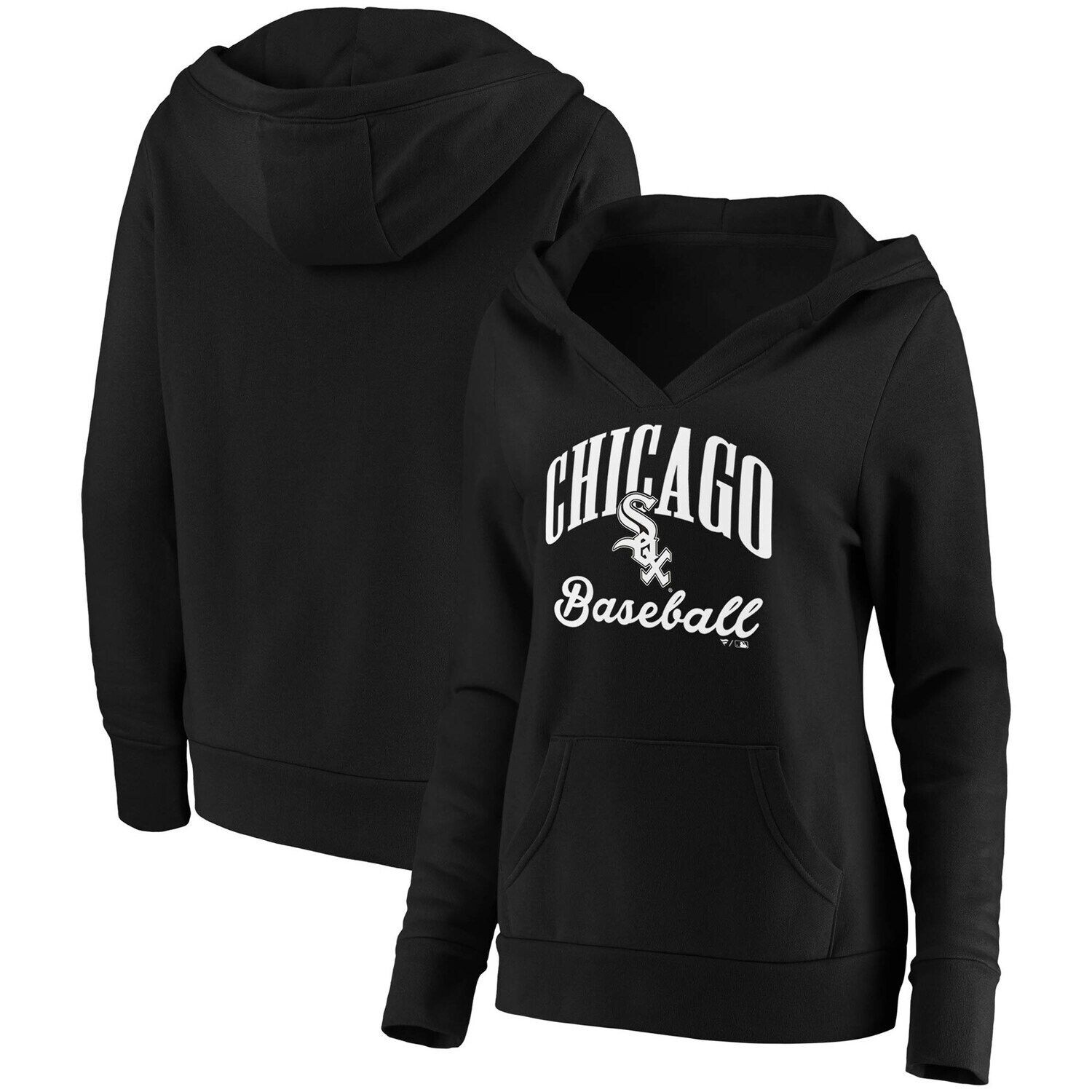 

Женский пуловер с капюшоном Fanatics, черный пуловер с капюшоном и надписью Chicago White Sox Victory Script, с перекрестным вырезом Fanatics