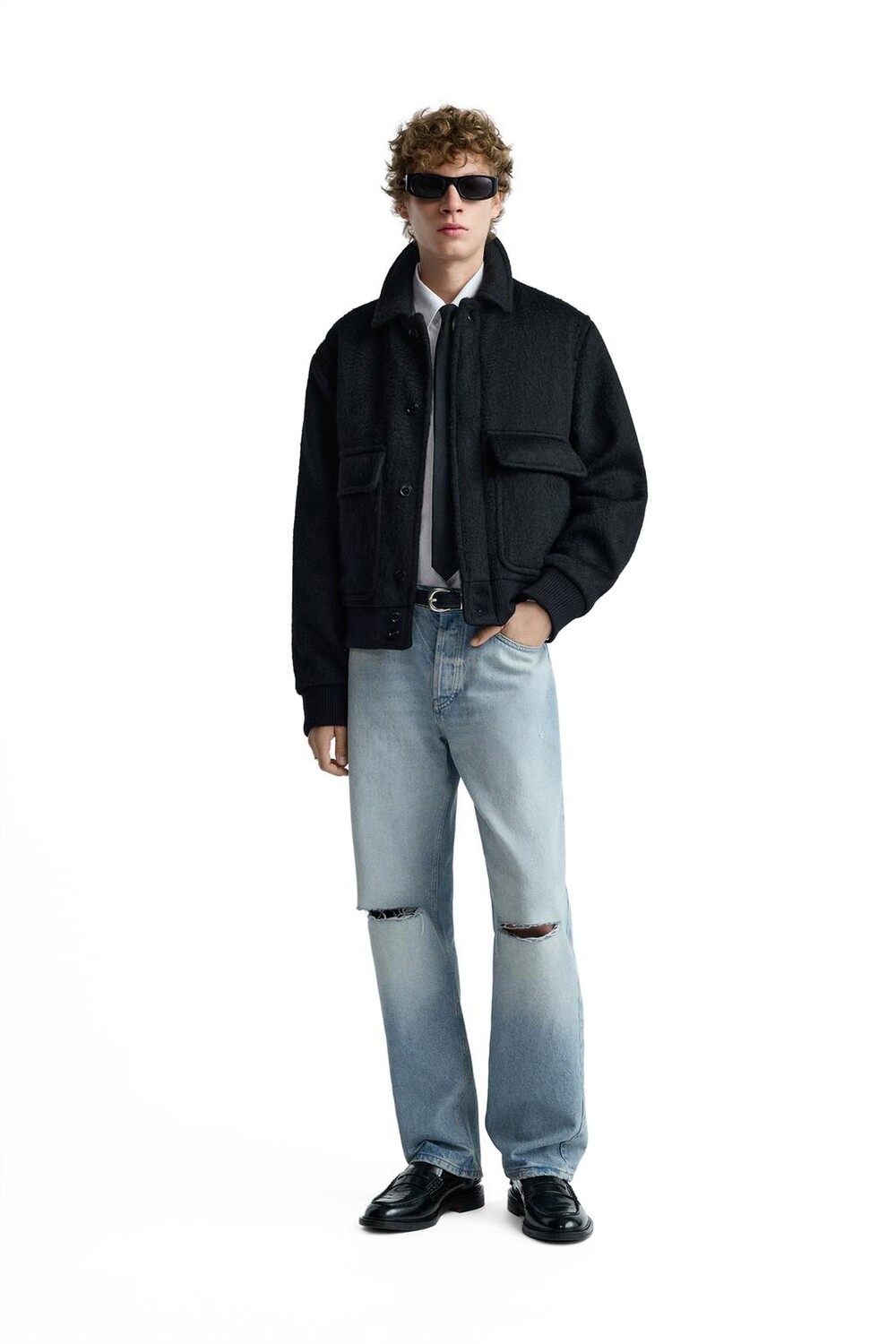 

Джинсы прямого кроя с рвами ZARA, синий