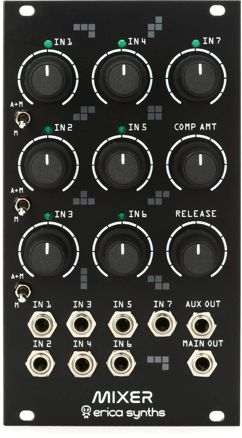 

Барабанный микшер Erica Synths, модуль Eurorack с семью входами, компрессором Vactrol и назначаемым дополнительным посылом