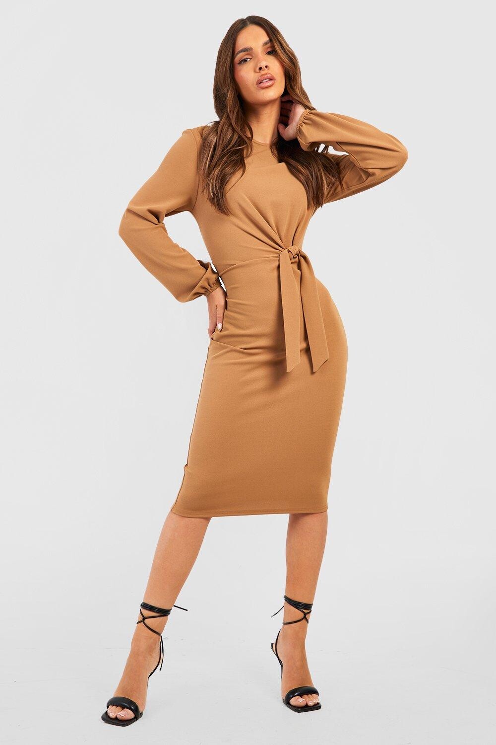 

Платье миди с узловами Boohoo, кэмел